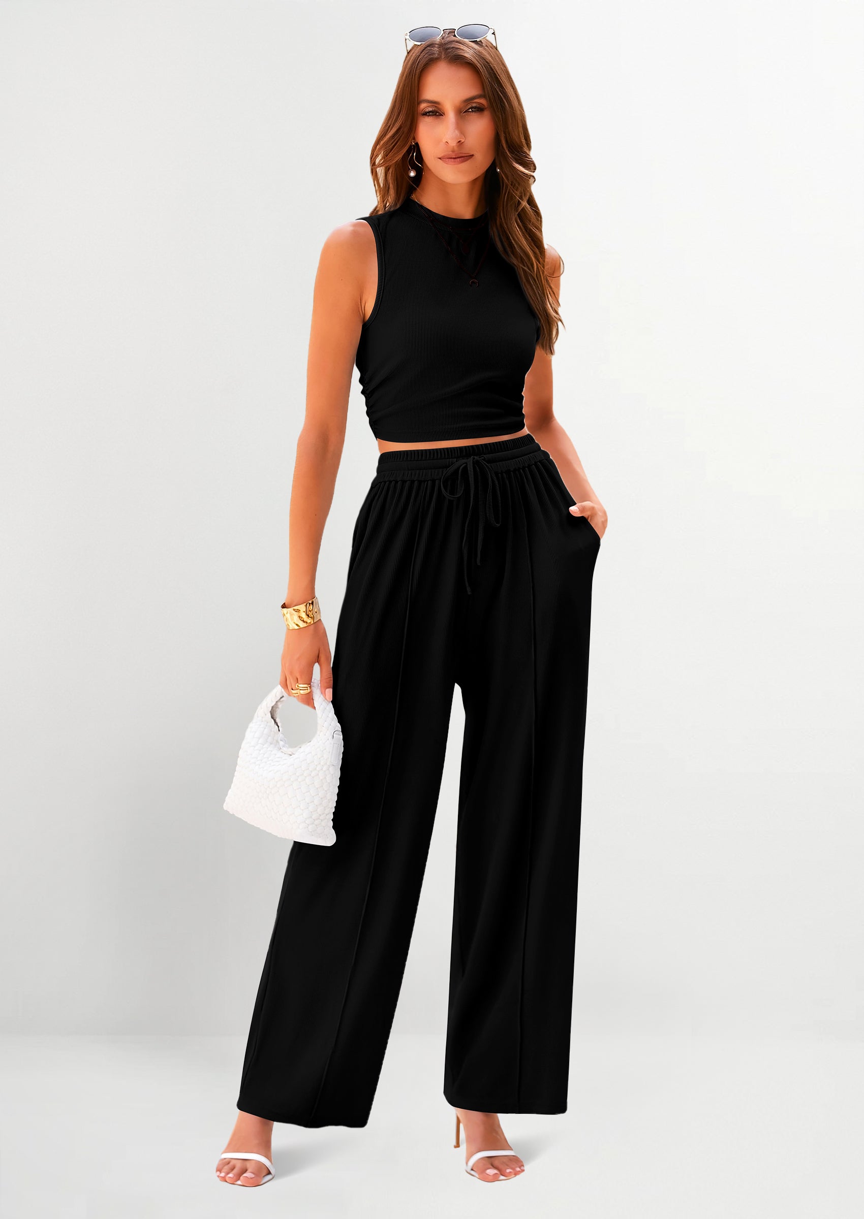 PRETTYGARDEN 2 Piece Sets Sleeveless Tank Ribbed Travel Vacation Lounge Wear Outfits