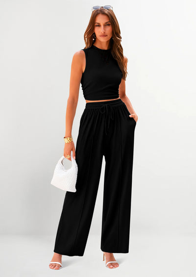 PRETTYGARDEN 2 Piece Sets Sleeveless Tank Ribbed Travel Vacation Lounge Wear Outfits