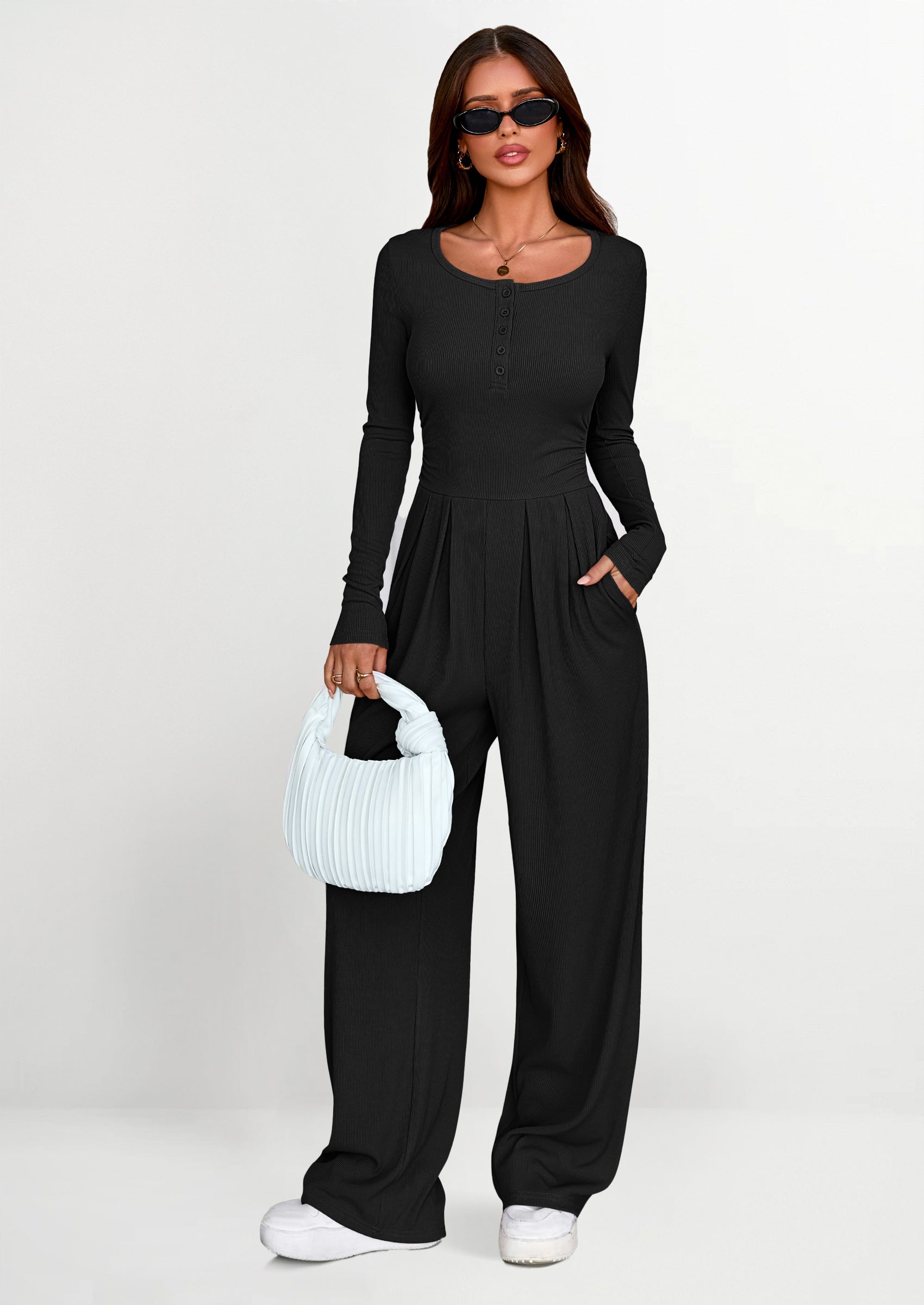 PRETTYGARDEN Jumpsuits for Women Dressy Casual Fall One Piece Outfits Long Sleeve Crew Neck Wide Leg Pants Rompers