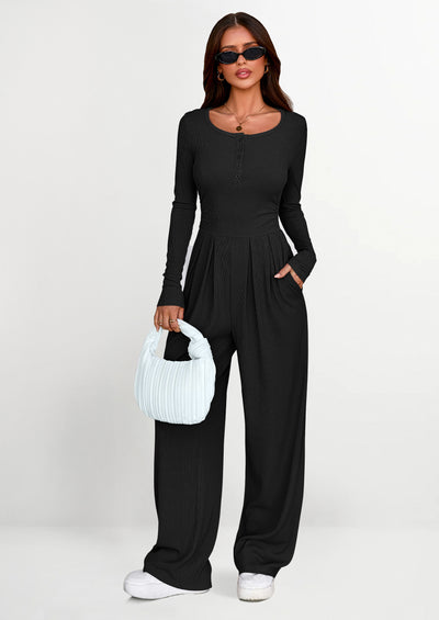 PRETTYGARDEN Jumpsuits for Women Dressy Casual Fall One Piece Outfits Long Sleeve Crew Neck Wide Leg Pants Rompers