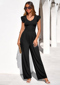 PRETTYGARDEN One Piece Jumpsuits For Women Dressy Ruffle Cap Sleeve V Neck Ribbed Knit Wide Leg Romper Spring Outfits PRETTYGARDEN