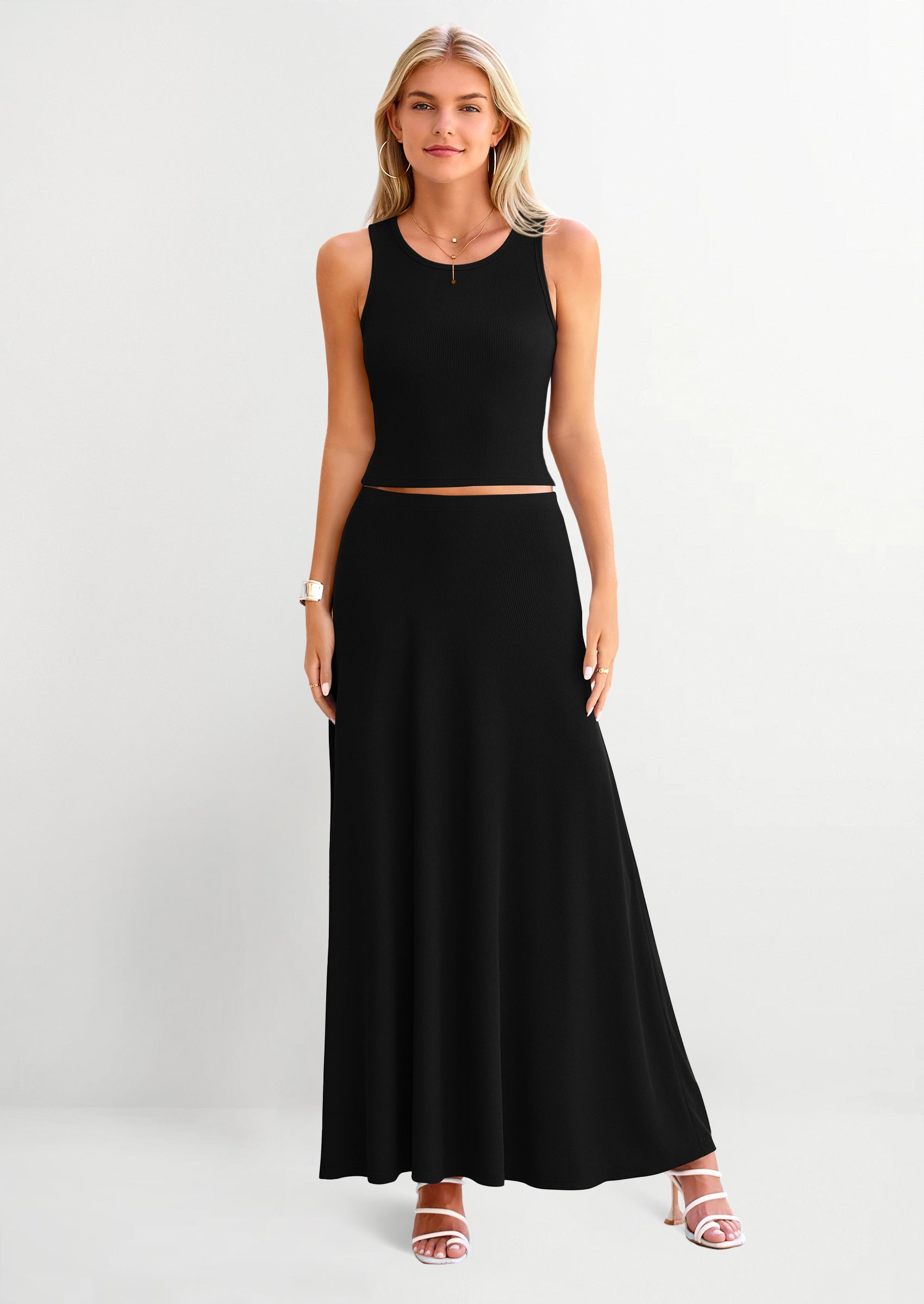 PRETTYGARDEN 2 Piece Maxi Skirt Sets Casual Knit Cropped Tank Top High Waisted Long Skirts Outfit