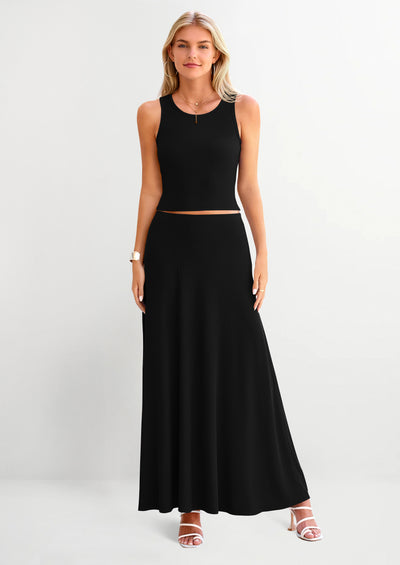 PRETTYGARDEN 2 Piece Maxi Skirt Sets Casual Knit Cropped Tank Top High Waisted Long Skirts Outfit