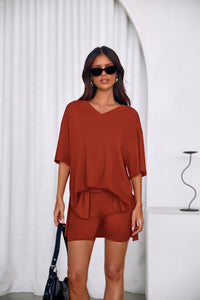 PRETTYGARDEN 2 Piece Sets for Women Summer Lounge Short Set Spring Matching Biker Shorts V Neck Oversized Shirt Clothing PRETTYGARDEN