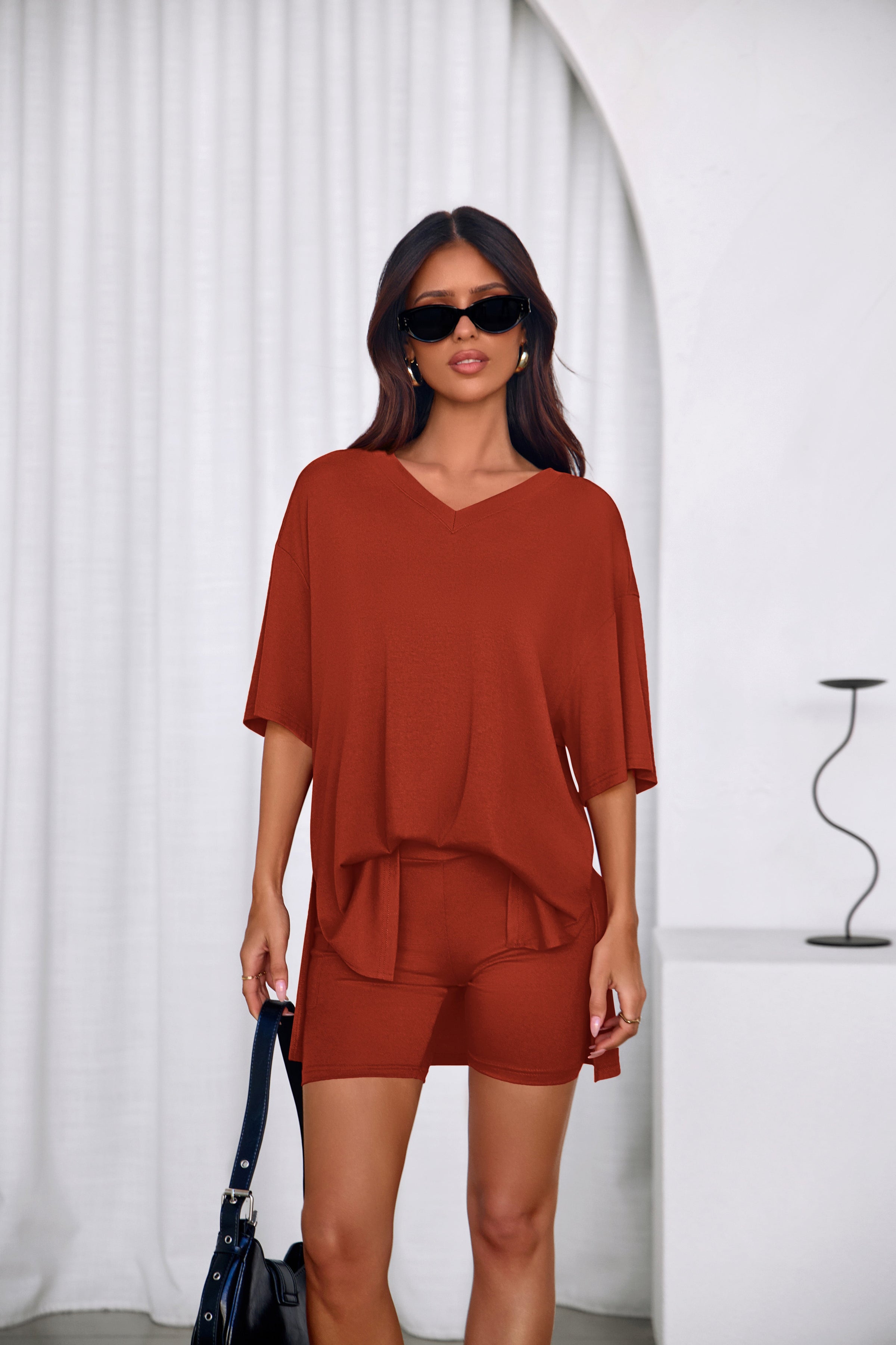 PRETTYGARDEN 2 Piece Sets for Women Summer Lounge Short Set Spring Matching Biker Shorts V Neck Oversized Shirt Clothing PRETTYGARDEN