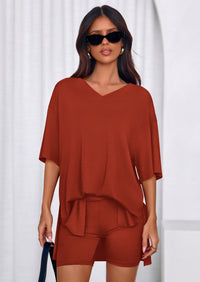 PRETTYGARDEN 2 Piece Sets for Women Summer Lounge Short Set Spring Matching Biker Shorts V Neck Oversized Shirt Clothing PRETTYGARDEN