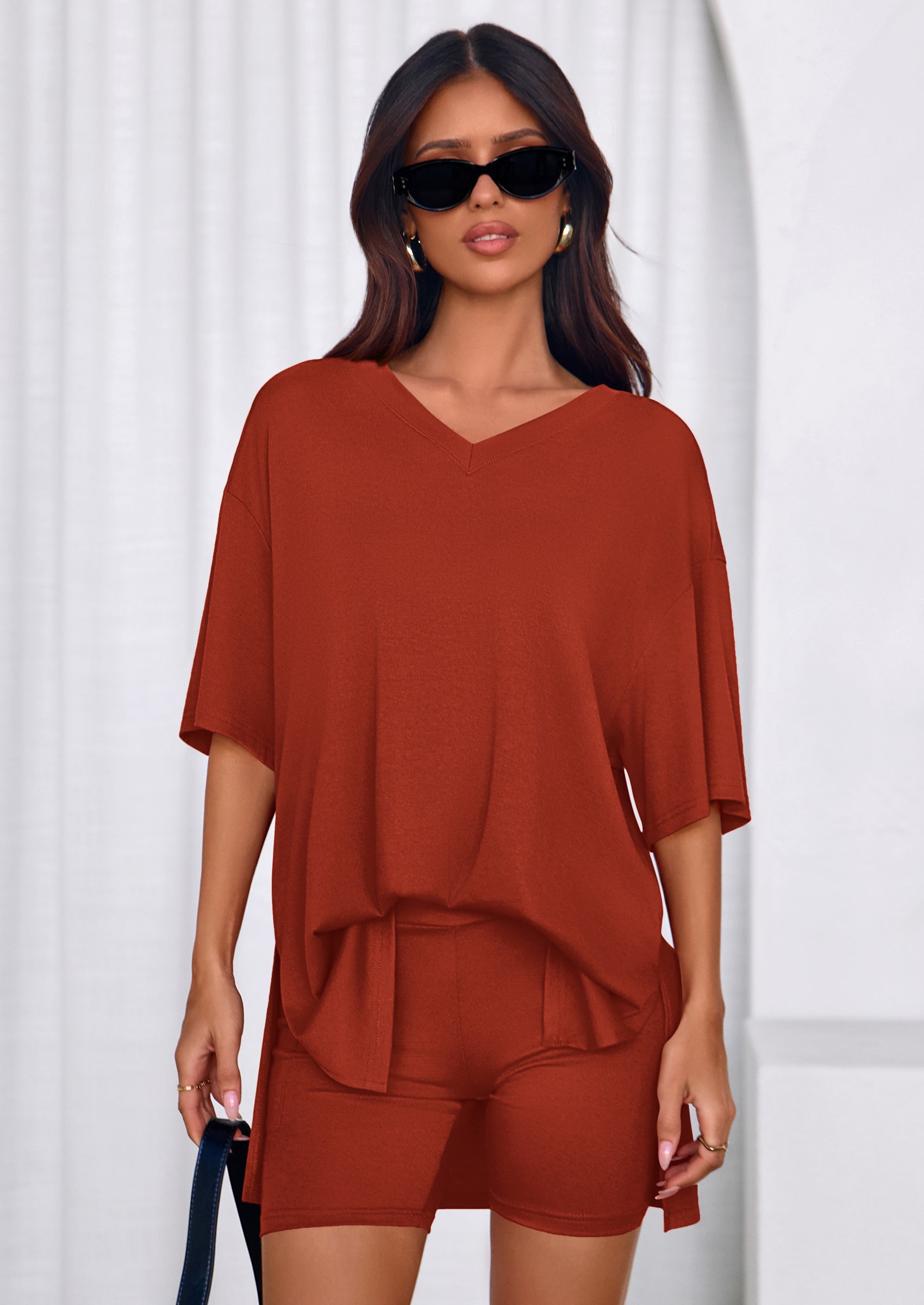 PRETTYGARDEN 2 Piece Sets for Women Summer Lounge Short Set Spring Matching Biker Shorts V Neck Oversized Shirt Clothing PRETTYGARDEN