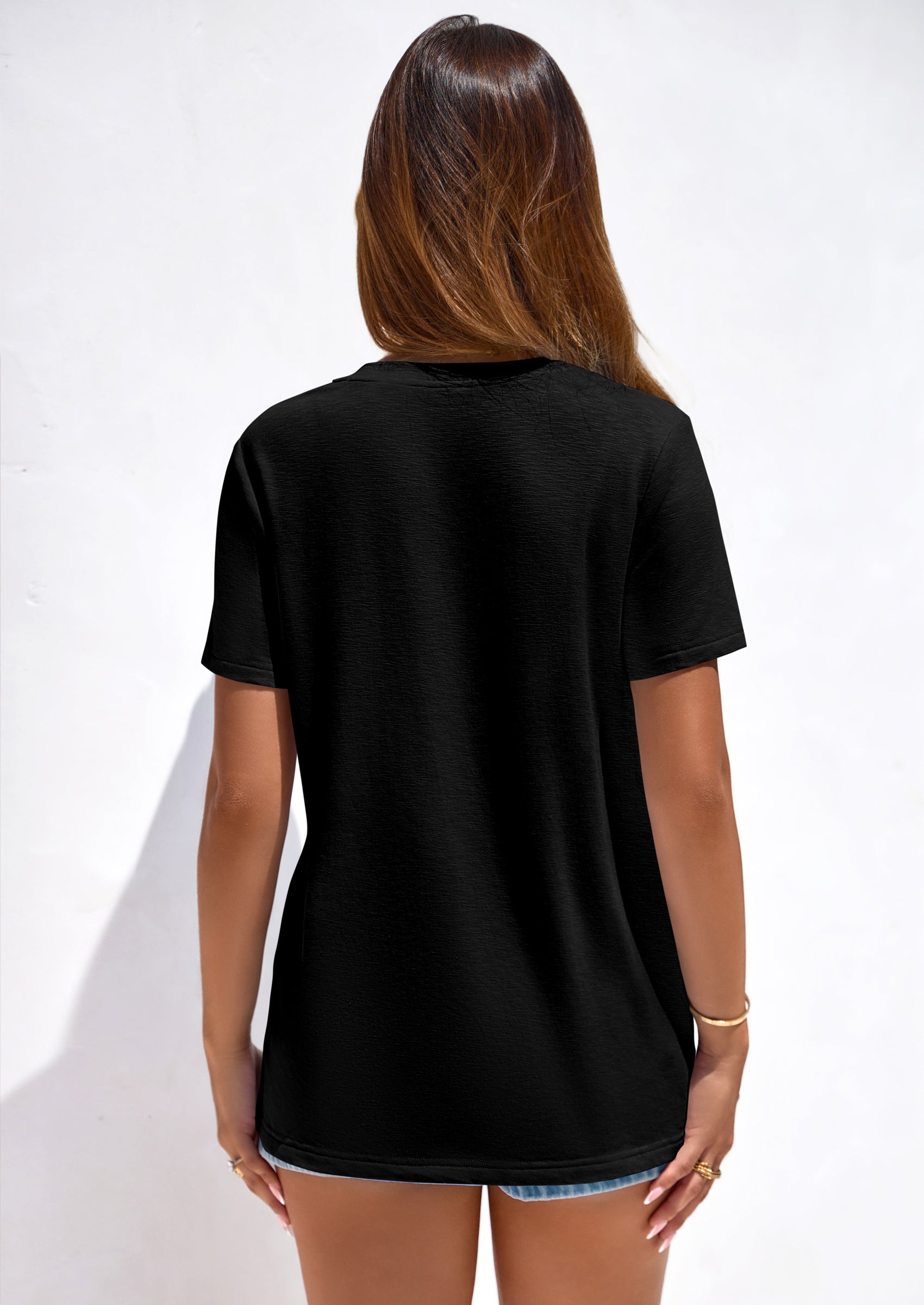 PRETTYGARDEN Women's V Neck T Shirts Summer Short Sleeve Spring Going Out Tops Casual Loose Fit Basic Tees Beach Clothes PRETTYGARDEN