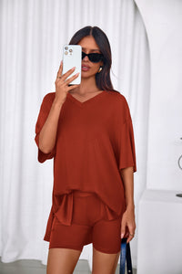 PRETTYGARDEN 2 Piece Sets for Women Summer Lounge Short Set Spring Matching Biker Shorts V Neck Oversized Shirt Clothing PRETTYGARDEN