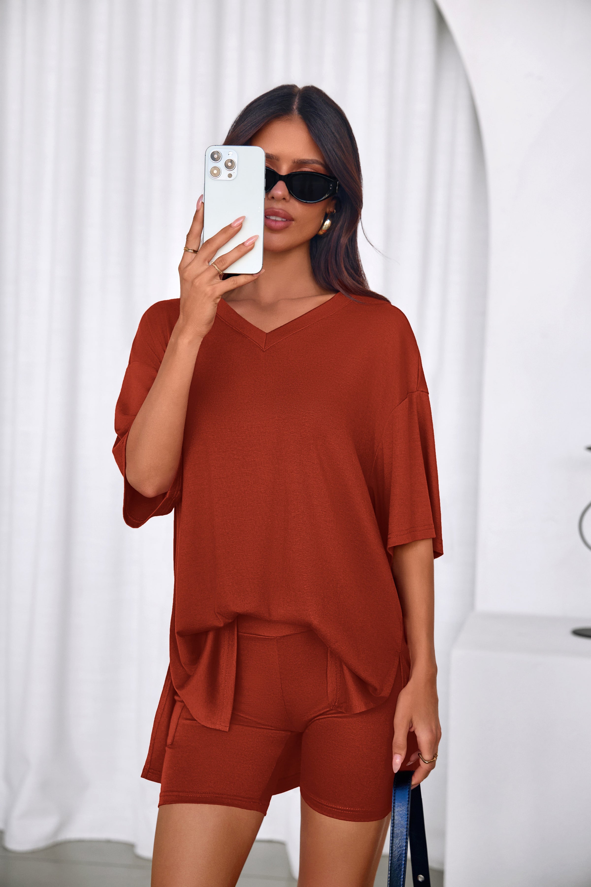 PRETTYGARDEN 2 Piece Sets for Women Summer Lounge Short Set Spring Matching Biker Shorts V Neck Oversized Shirt Clothing PRETTYGARDEN