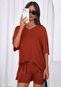 PRETTYGARDEN 2 Piece Sets for Women Summer Lounge Short Set Spring Matching Biker Shorts V Neck Oversized Shirt Clothing PRETTYGARDEN