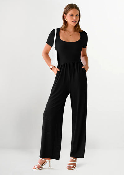 PRETTYGARDEN Women's Summer One Piece Jumpsuits Dressy Casual Short Sleeve Square Neck Wide Leg Jumpsuit Rompers