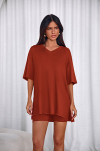 PRETTYGARDEN 2 Piece Sets for Women Summer Lounge Short Set Spring Matching Biker Shorts V Neck Oversized Shirt Clothing PRETTYGARDEN