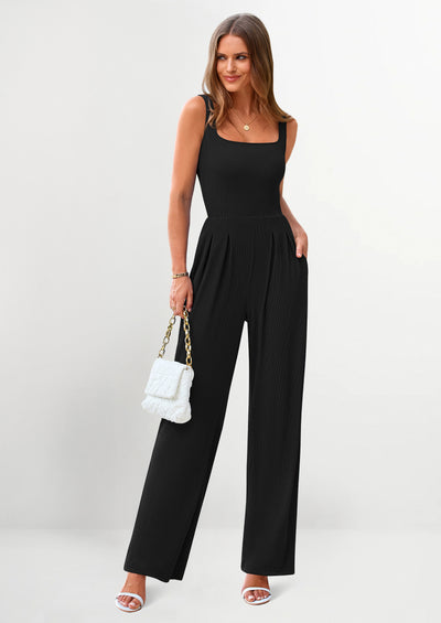 PRETTYGARDEN Sleeveless Dressy Square Neck Wide Leg Pants Knitted Rompers with Pockets