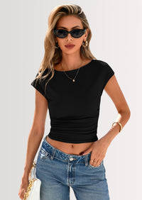 PRETTYGARDEN Women's Ruched Crop Tank Tops Summer Trendy Cap Sleeve Ribbed Knit Basic Fitted Going Out Tee Shirts