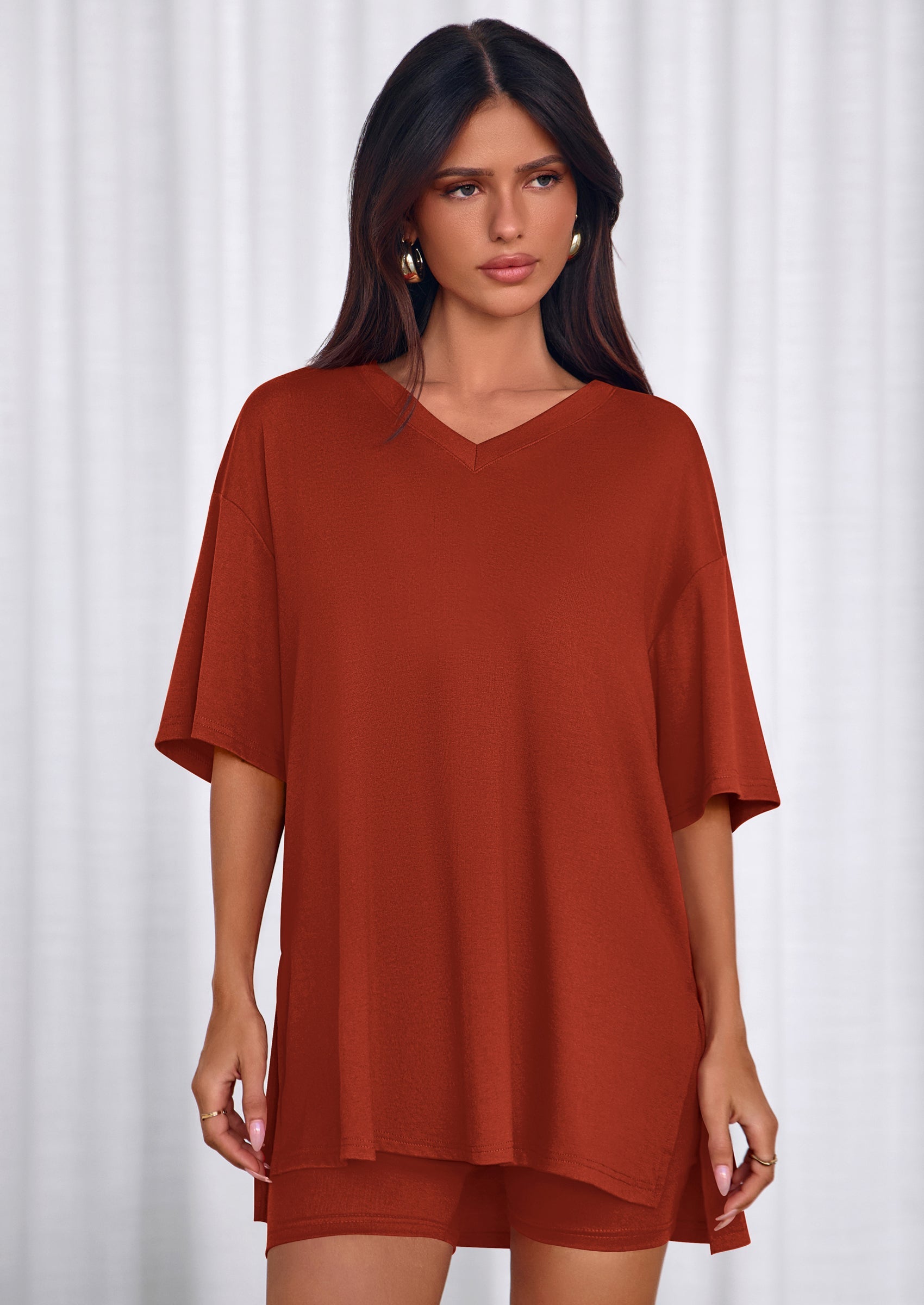 PRETTYGARDEN 2 Piece Sets for Women Summer Lounge Short Set Spring Matching Biker Shorts V Neck Oversized Shirt Clothing PRETTYGARDEN