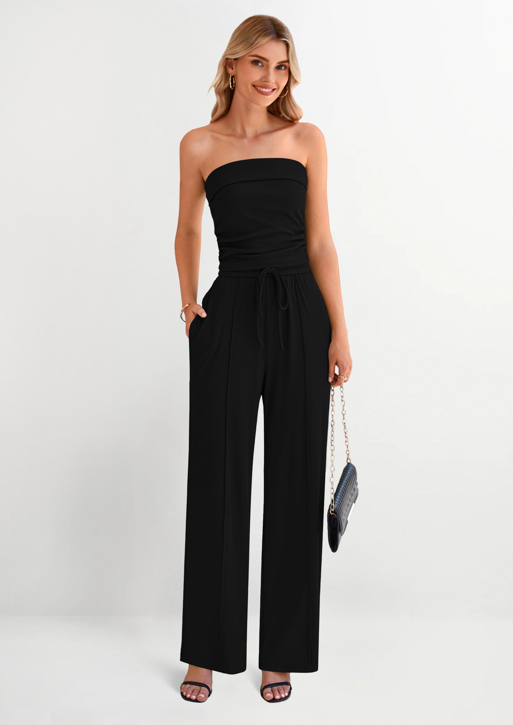 PRETTYGARDEN 2 Piece Sets Casual Ribbed Knit Crop Tube Top Wide Leg Pants Lounge Set