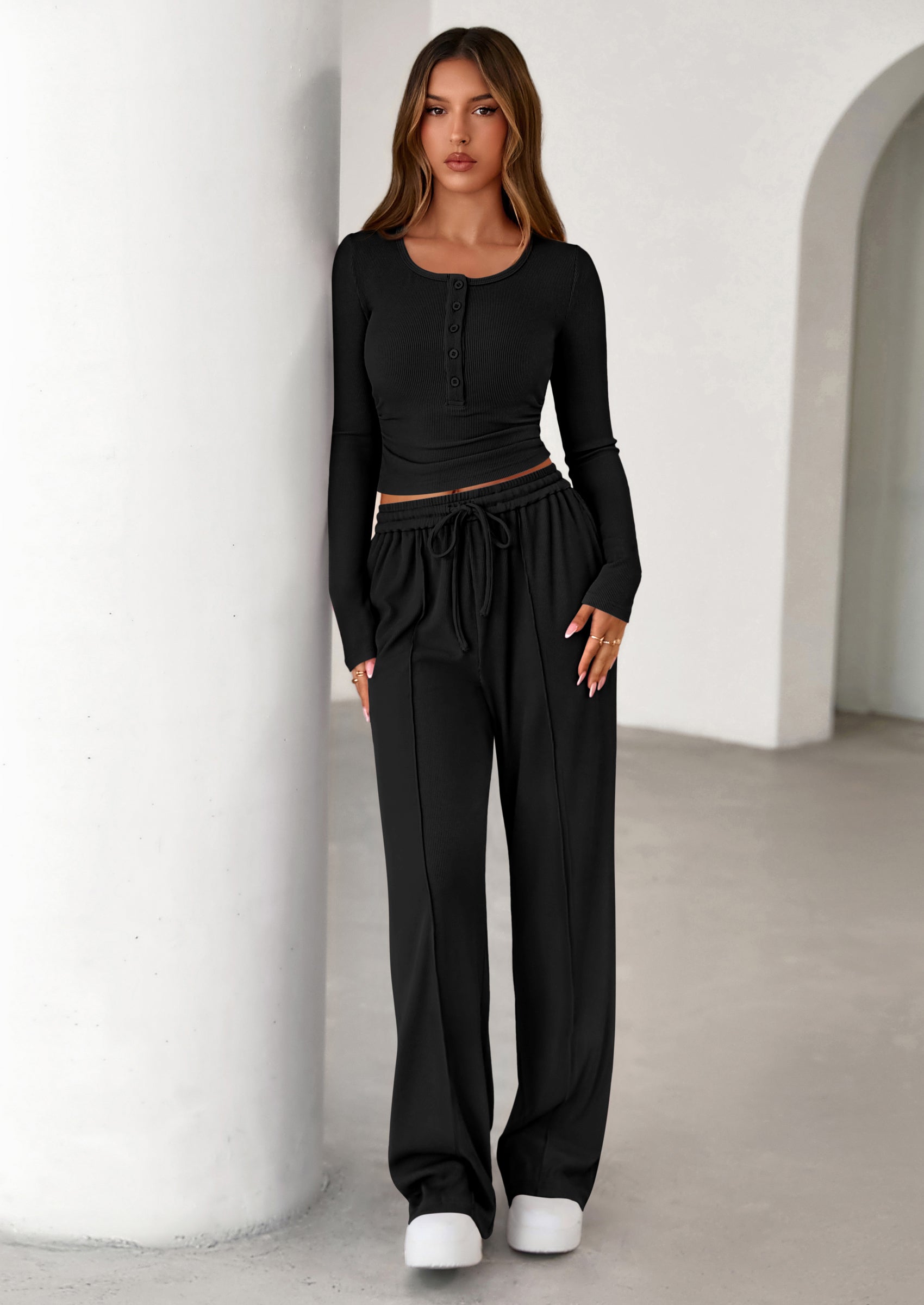 PRETTYGARDEN Women's Fall Trendy 2 Piece Outfits Lounge Sets Long Sleeve Top Henley Shirts Wide Leg Pants Travel Clothes