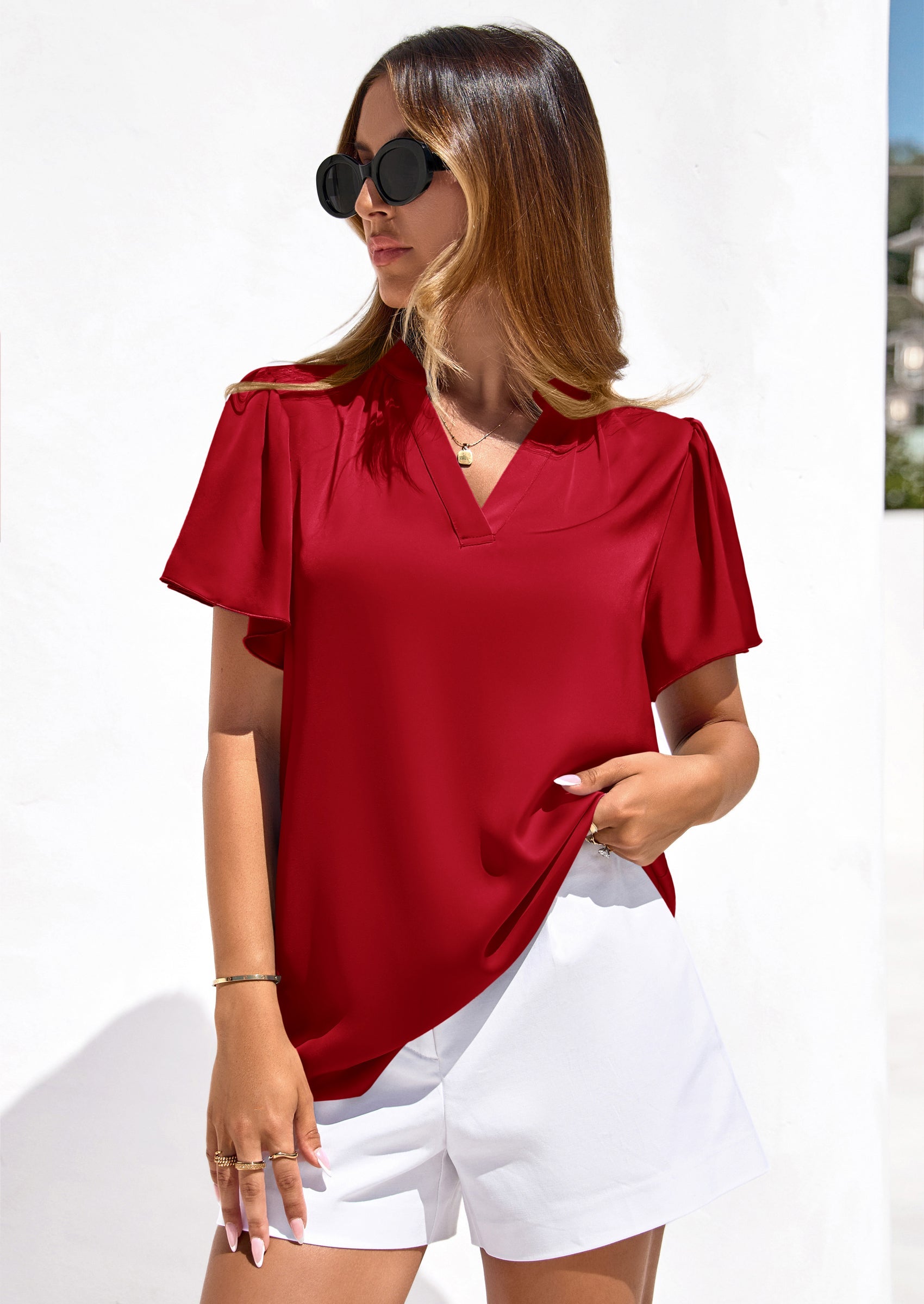 PRETTYGARDEN Women's Summer Blouses Dressy Casual Ruffle Cap Sleeve V Neck Business Work Trendy Cute Tops Spring Outfits PRETTYGARDEN