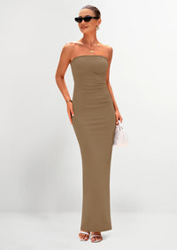 PRETTYGARDEN Women's Semi Formal Cocktail Dresses Strapless Tube Bodycon Ruched Evening Wedding Guest Maxi Dress