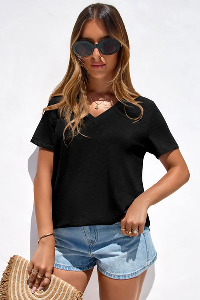 PRETTYGARDEN Women's V Neck T Shirts Summer Short Sleeve Spring Going Out Tops Casual Loose Fit Basic Tees Beach Clothes PRETTYGARDEN