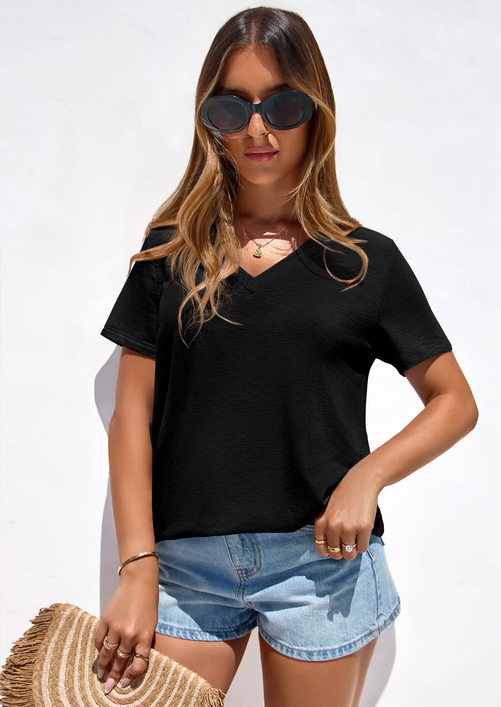 PRETTYGARDEN Women's V Neck T Shirts Summer Short Sleeve Spring Going Out Tops Casual Loose Fit Basic Tees Beach Clothes PRETTYGARDEN