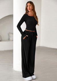 PRETTYGARDEN Women's Fall Trendy 2 Piece Outfits Lounge Sets Long Sleeve Top Henley Shirts Wide Leg Pants Travel Clothes