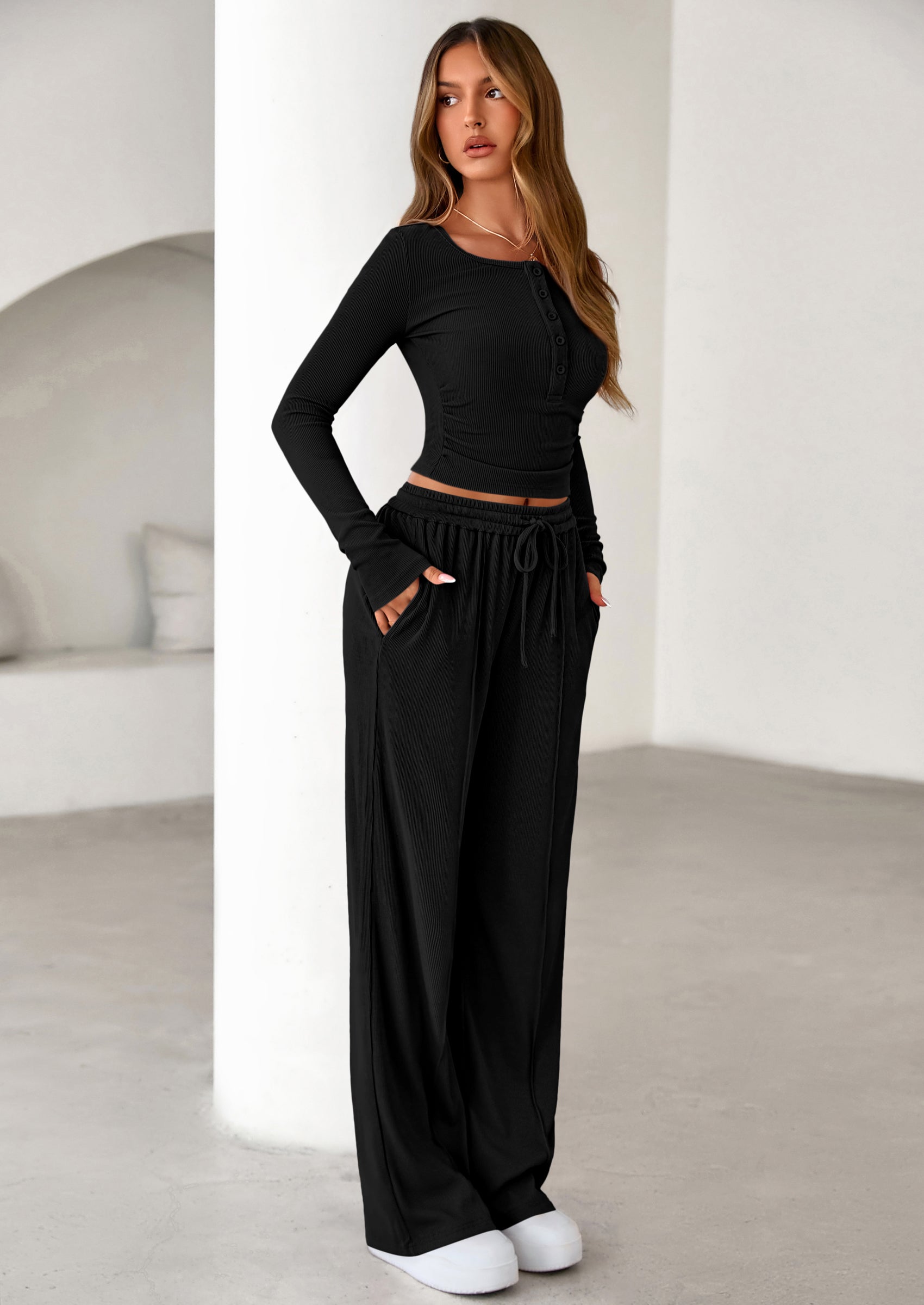 PRETTYGARDEN Women's Fall Trendy 2 Piece Outfits Lounge Sets Long Sleeve Top Henley Shirts Wide Leg Pants Travel Clothes