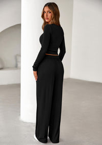 PRETTYGARDEN Women's Fall Trendy 2 Piece Outfits Lounge Sets Long Sleeve Top Henley Shirts Wide Leg Pants Travel Clothes