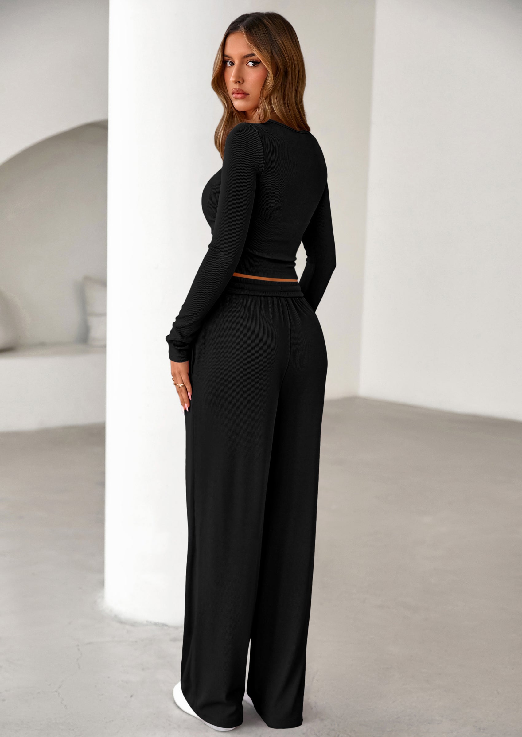 PRETTYGARDEN Women's Fall Trendy 2 Piece Outfits Lounge Sets Long Sleeve Top Henley Shirts Wide Leg Pants Travel Clothes