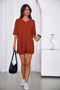 PRETTYGARDEN 2 Piece Sets for Women Summer Lounge Short Set Spring Matching Biker Shorts V Neck Oversized Shirt Clothing PRETTYGARDEN