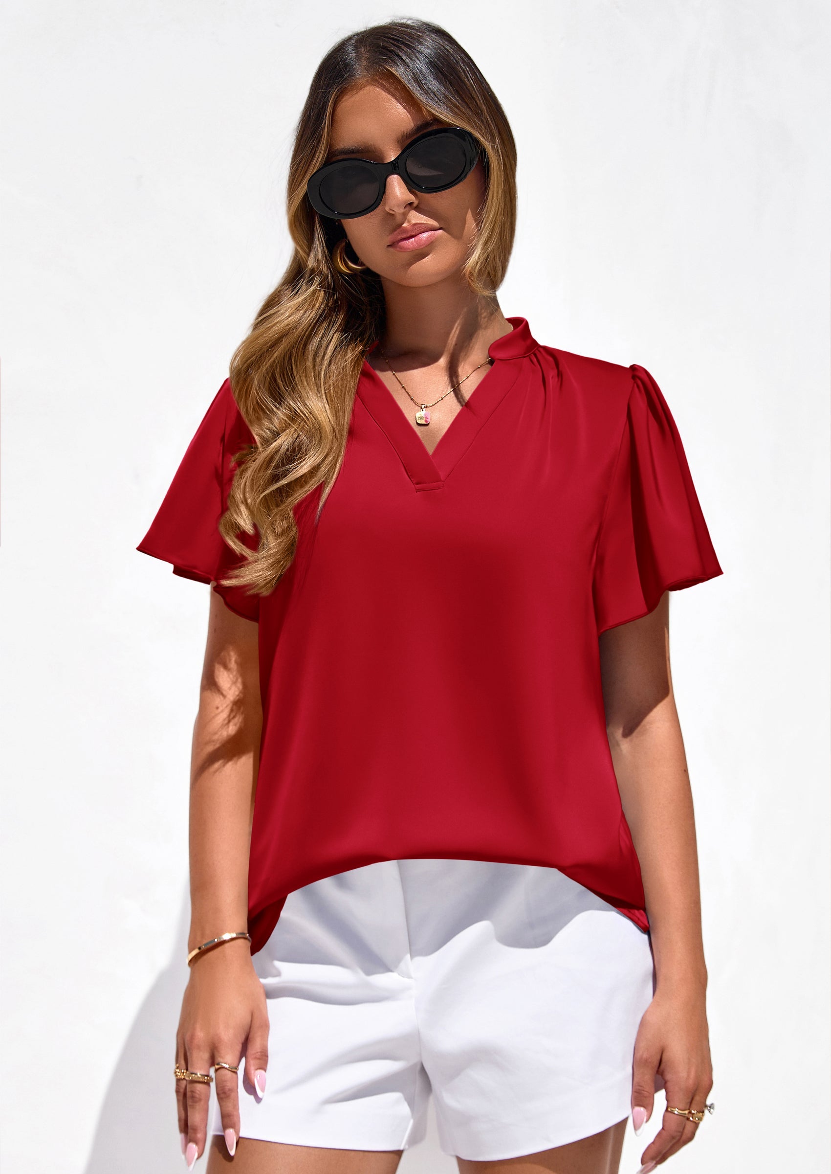 PRETTYGARDEN Women's Summer Blouses Dressy Casual Ruffle Cap Sleeve V Neck Business Work Trendy Cute Tops Spring Outfits PRETTYGARDEN