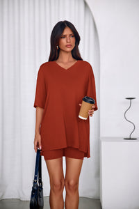 PRETTYGARDEN 2 Piece Sets for Women Summer Lounge Short Set Spring Matching Biker Shorts V Neck Oversized Shirt Clothing PRETTYGARDEN