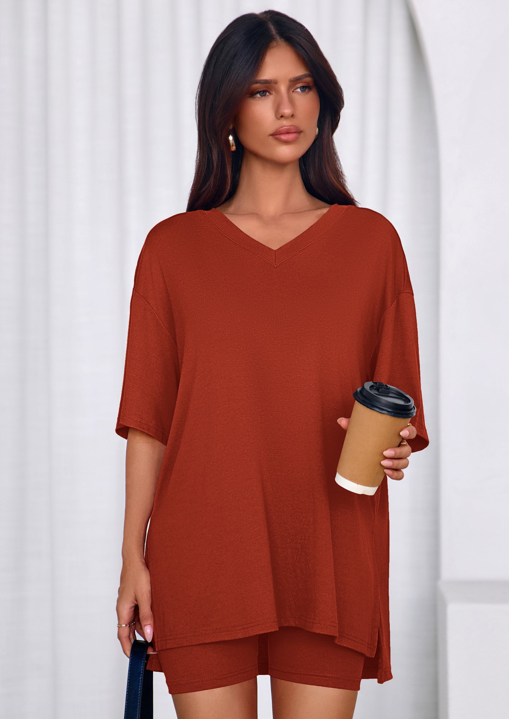 PRETTYGARDEN 2 Piece Sets for Women Summer Lounge Short Set Spring Matching Biker Shorts V Neck Oversized Shirt Clothing PRETTYGARDEN