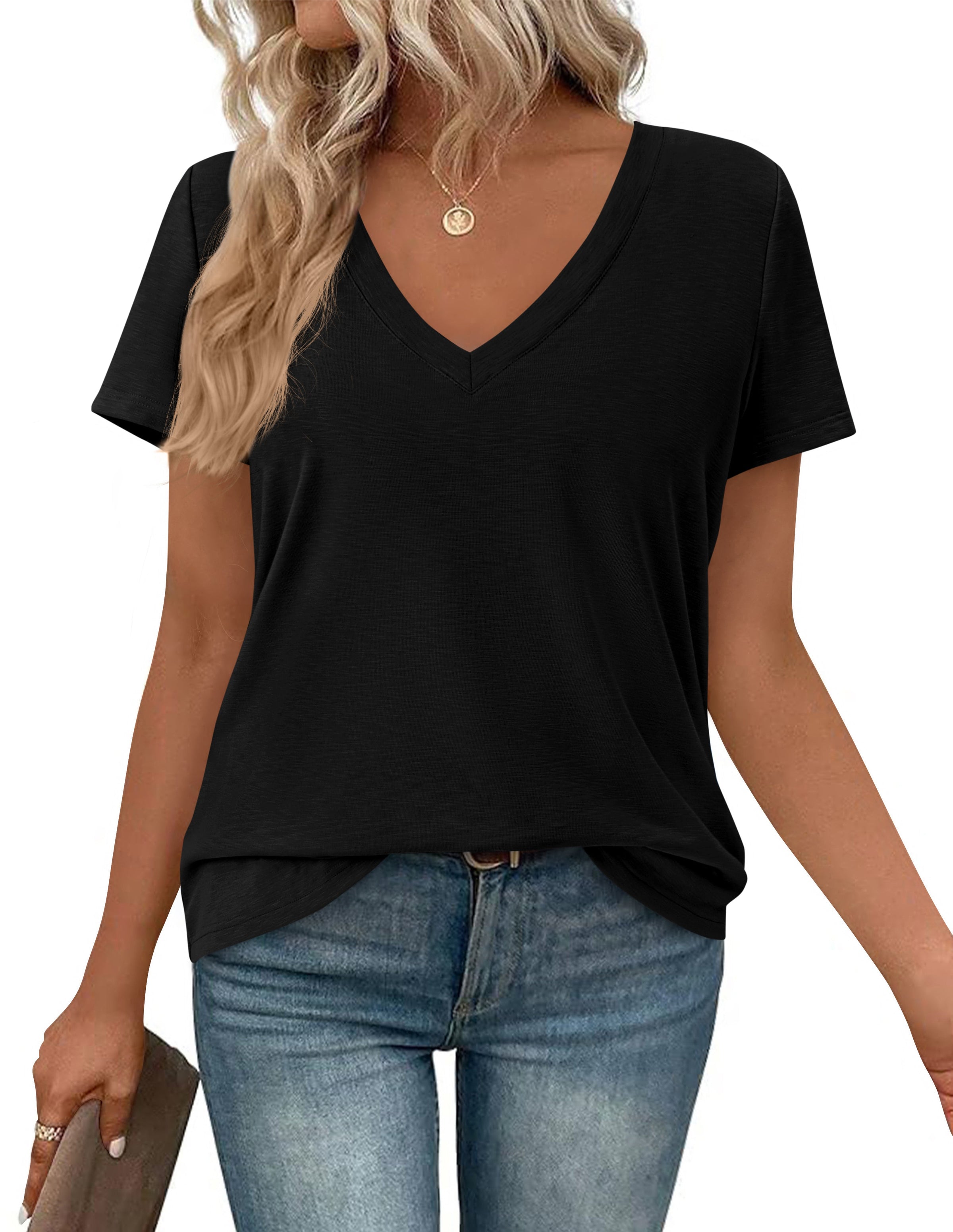 PRETTYGARDEN Women's V Neck T Shirts Summer Short Sleeve Spring Going Out Tops Casual Loose Fit Basic Tees Beach Clothes PRETTYGARDEN