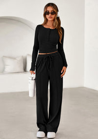 PRETTYGARDEN Women's Fall Trendy 2 Piece Outfits Lounge Sets Long Sleeve Top Henley Shirts Wide Leg Pants Travel Clothes