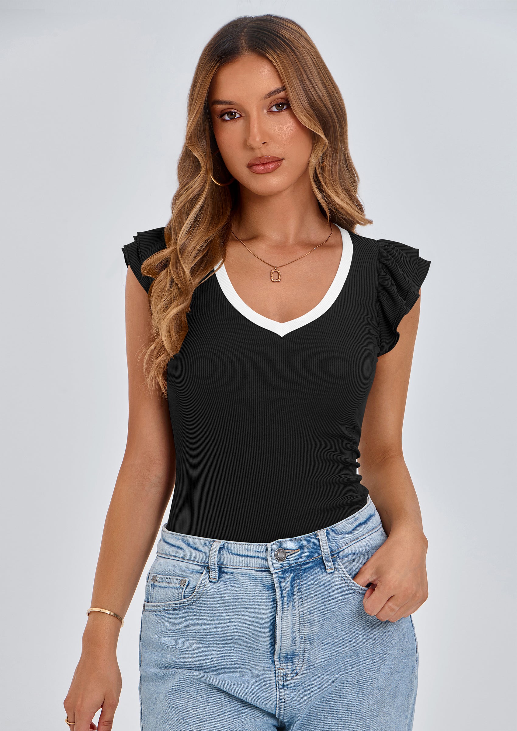 PRETTYGARDEN Womens V Neck Summer Tops Ruffle Sleeveless Slim Fit T Shirts Going Out Casual Blouses