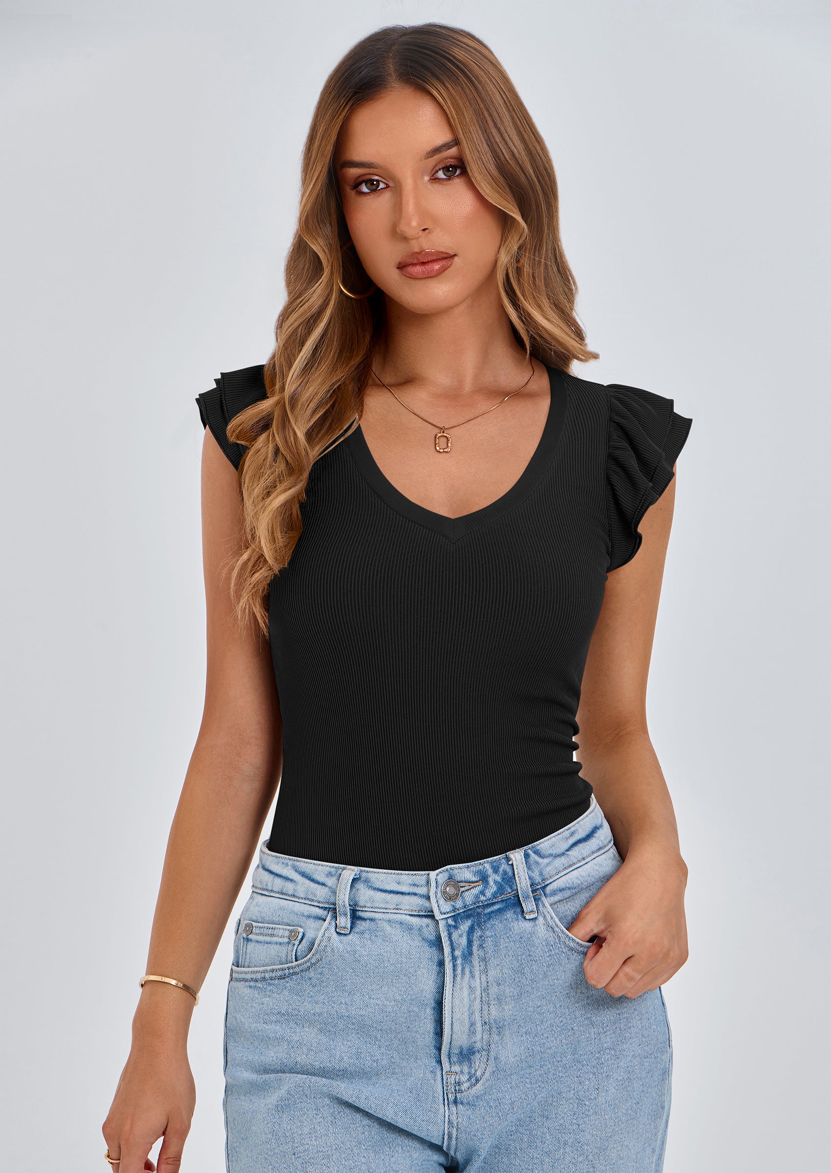 PRETTYGARDEN Womens V Neck Summer Tops Ruffle Sleeveless Slim Fit T Shirts Going Out Casual Blouses