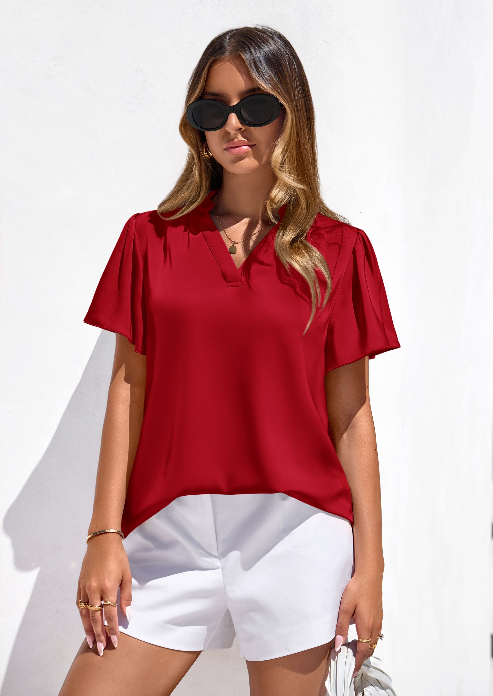 PRETTYGARDEN Women's Summer Blouses Dressy Casual Ruffle Cap Sleeve V Neck Business Work Trendy Cute Tops Spring Outfits PRETTYGARDEN