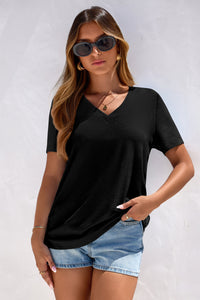 PRETTYGARDEN Women's V Neck T Shirts Summer Short Sleeve Spring Going Out Tops Casual Loose Fit Basic Tees Beach Clothes PRETTYGARDEN