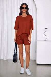 PRETTYGARDEN 2 Piece Sets for Women Summer Lounge Short Set Spring Matching Biker Shorts V Neck Oversized Shirt Clothing PRETTYGARDEN