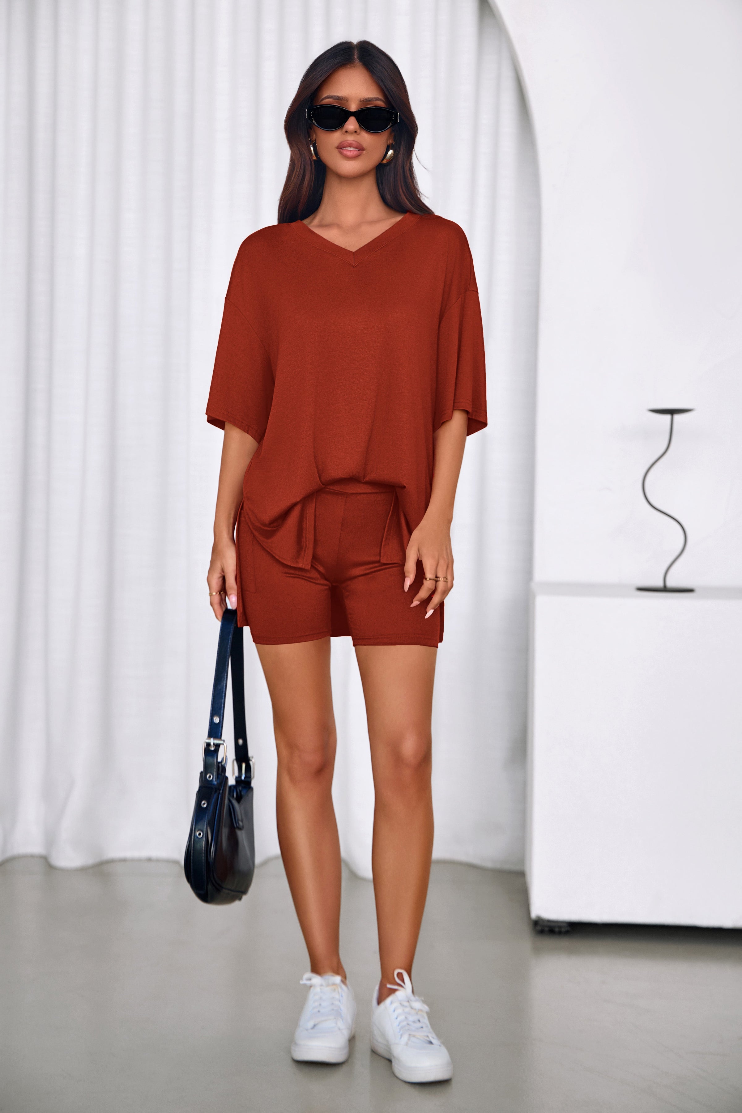 PRETTYGARDEN 2 Piece Sets for Women Summer Lounge Short Set Spring Matching Biker Shorts V Neck Oversized Shirt Clothing PRETTYGARDEN