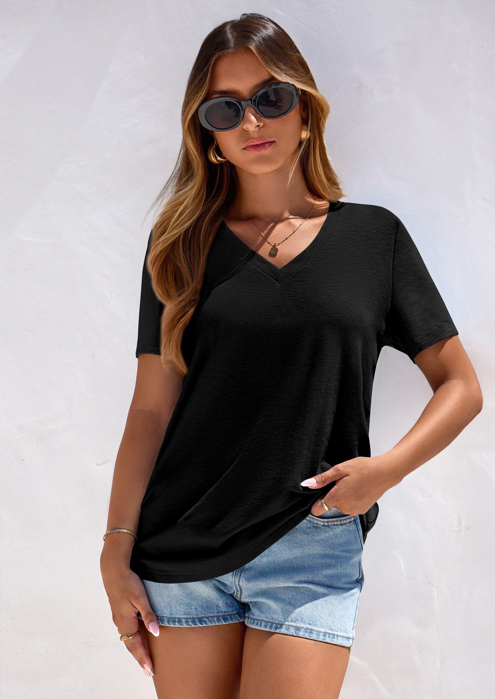 PRETTYGARDEN Women's V Neck T Shirts Summer Short Sleeve Spring Going Out Tops Casual Loose Fit Basic Tees Beach Clothes PRETTYGARDEN