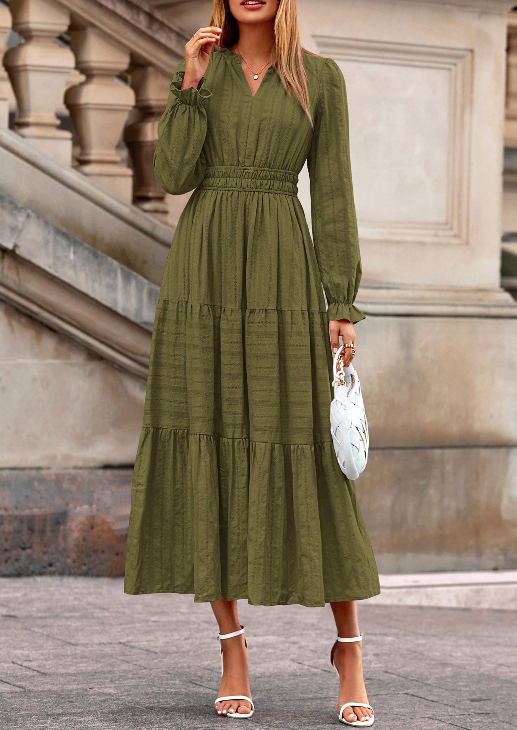 PRETTYGARDEN Women's Fall Wedding Guest Dresses Long Sleeve V Neck Flowy Elegant Holiday Party Maxi Dress with Pockets