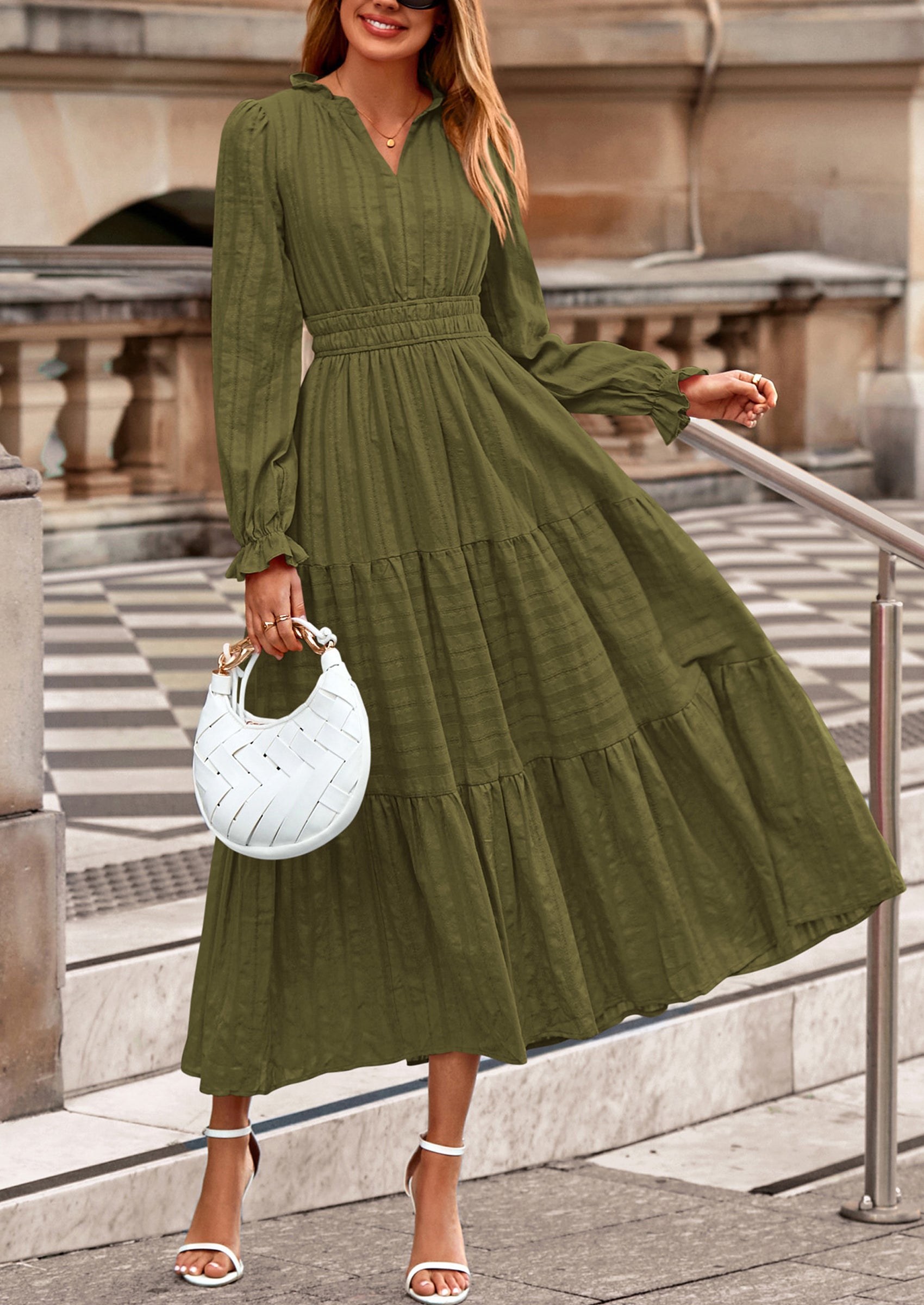 PRETTYGARDEN Women's Fall Wedding Guest Dresses Long Sleeve V Neck Flowy Elegant Holiday Party Maxi Dress with Pockets