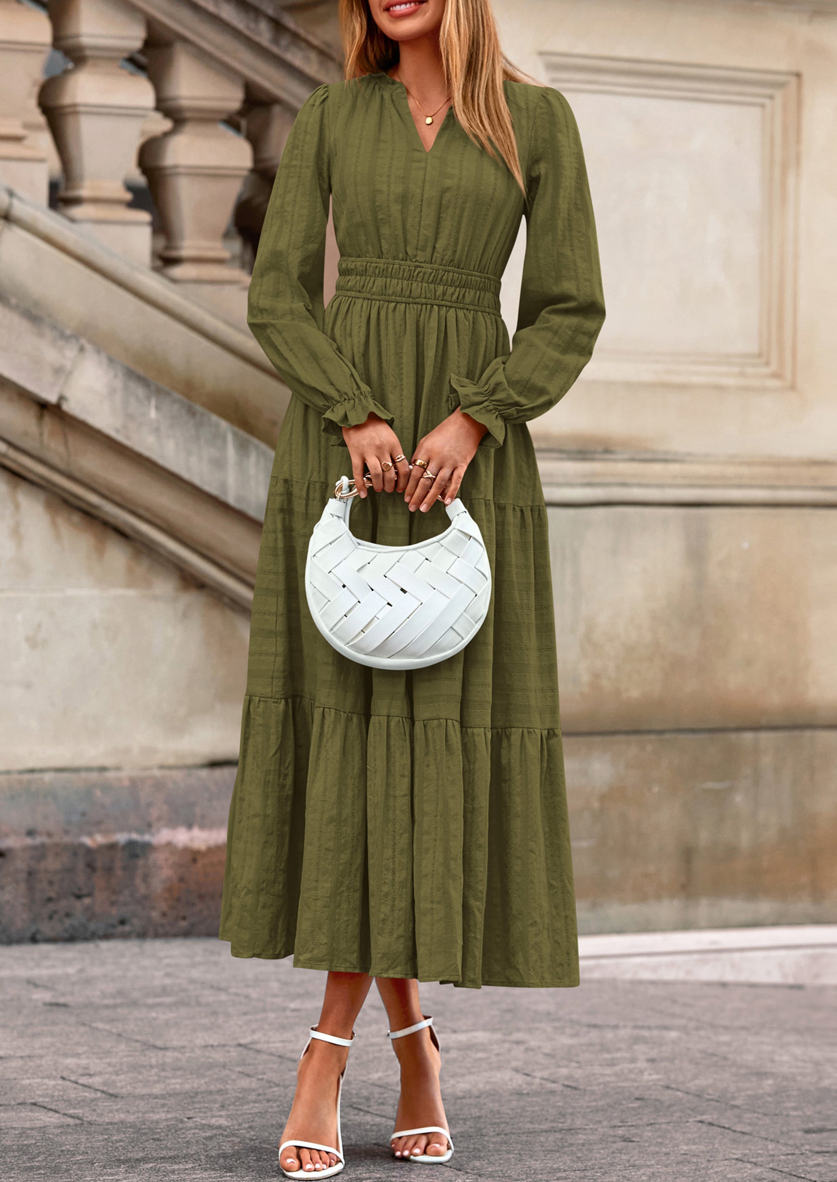 PRETTYGARDEN Women's Fall Wedding Guest Dresses Long Sleeve V Neck Flowy Elegant Holiday Party Maxi Dress with Pockets