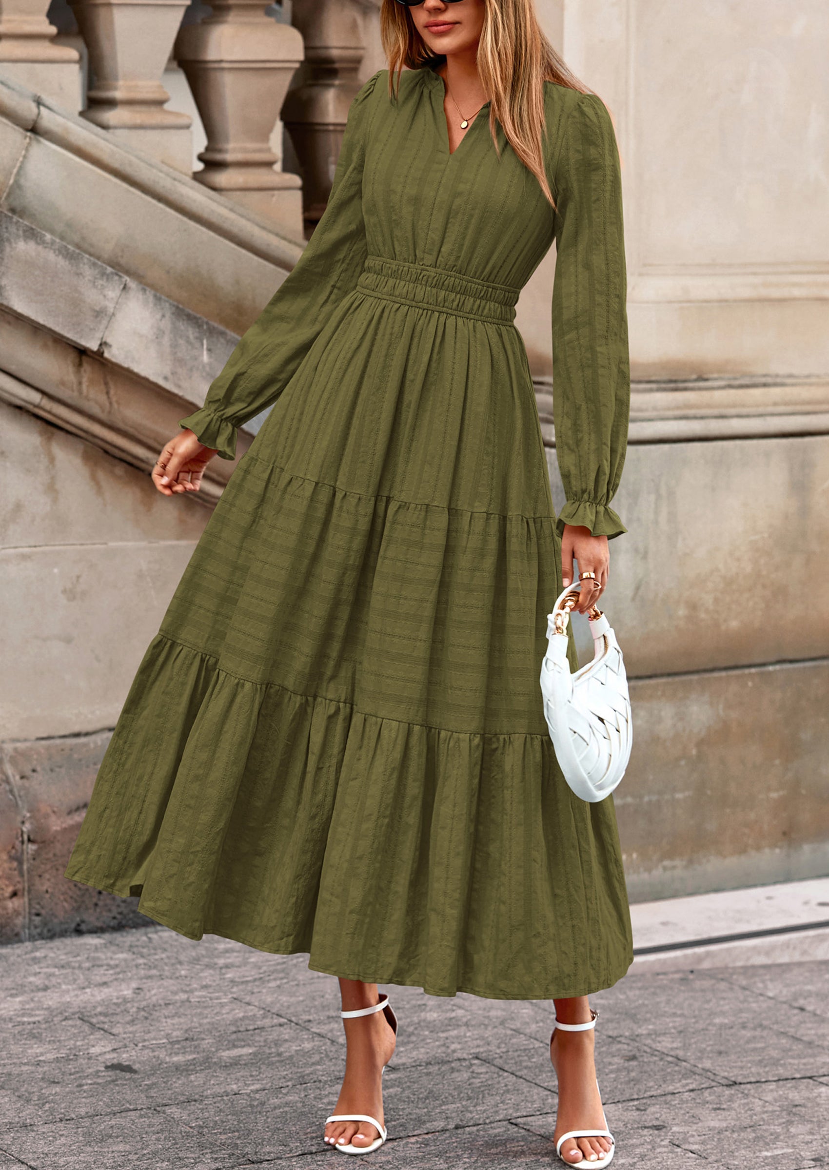 PRETTYGARDEN Women's Fall Wedding Guest Dresses Long Sleeve V Neck Flowy Elegant Holiday Party Maxi Dress with Pockets