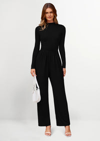 PRETTYGARDEN Dressy Casual Fashion Outfits Long Sleeve Mock Neck Wide Leg Pants Rompers