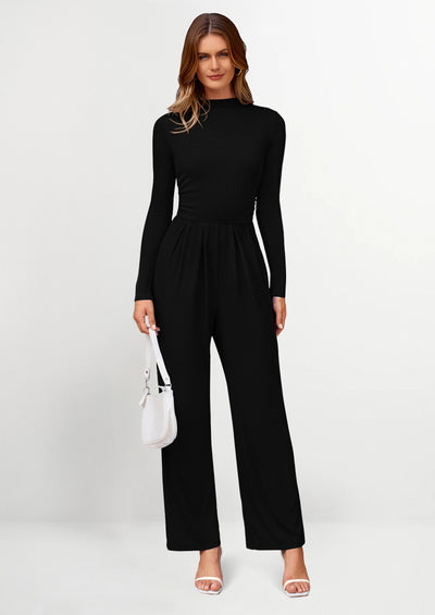 PRETTYGARDEN Dressy Casual Fashion Outfits Long Sleeve Mock Neck Wide Leg Pants Rompers