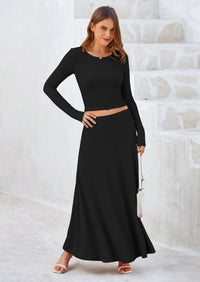 PRETTYGARDEN 2 Piece Casual Ribbed Knit Long Sleeve Crop Tops Maxi Flowy Skirts Matching Sets